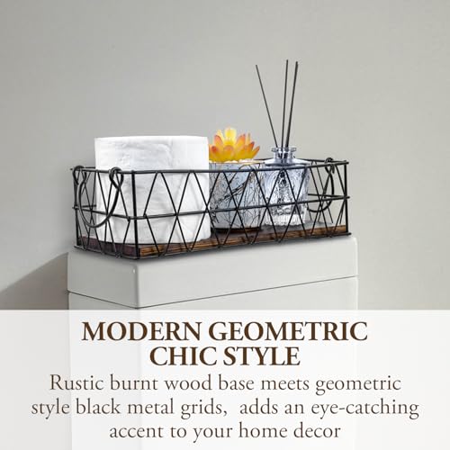 MyGift 2 Piece Wall Mounted Black Geometric Metal Nesting Storage Basket with Rustic Solid Burnt Wood Base, Small Tabletop Decorative Metal Wire Bins with Handles - color: Black