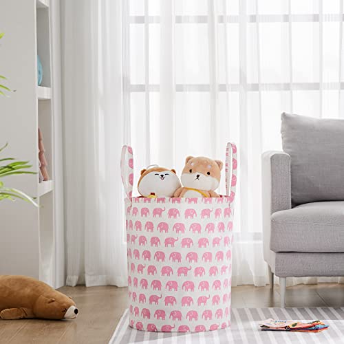 TECHMILLY Large Storage Basket for Girls and Boys, Collapsible Laundry Hamper with Long Handles, Toy Bins for Nursery, Kids Room Décor (Pink Elephant, 2 Pack) - color: Pink Elephant, size: 2 Pack