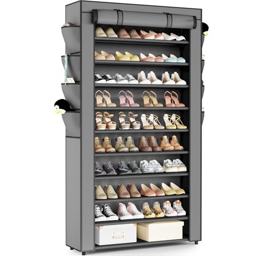 Mavivegue Shoe Rack with Cover, 10+1 Tier Tall Shoe Storage for 50-55 Pairs of Shoes, Shoe Organizer for Entryway, Closet, Garage, Grey - color: Grey, size: 10-Tier-Large