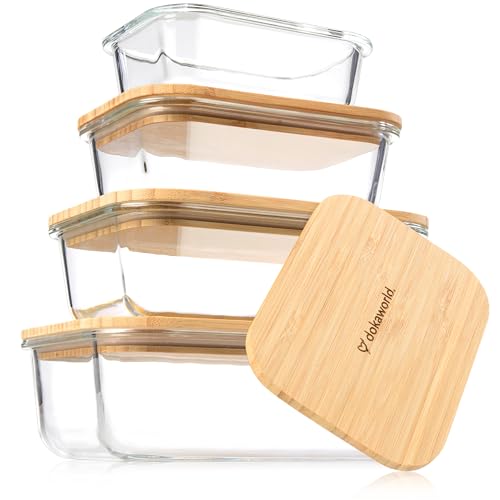 Set of 4 Stackable Space-Saving Nesting Glass Containers with Airtight Bamboo Lids - Lunch, Meal & Food Prep - Microwave & Oven Safe BPA Free Durable Heat Resistant Inert Borosilicate Glass - color: 4 Containers with Bamboo Lids