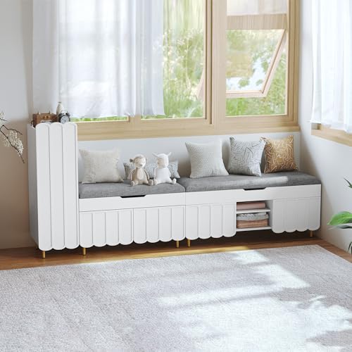 3More 40" Entryway Shoe Storage Bench,Upholstered Hidden Space Beneath Seat Cushion Bench,2-Tier Unique Geometric Shape with Wood Grain,White - color: White