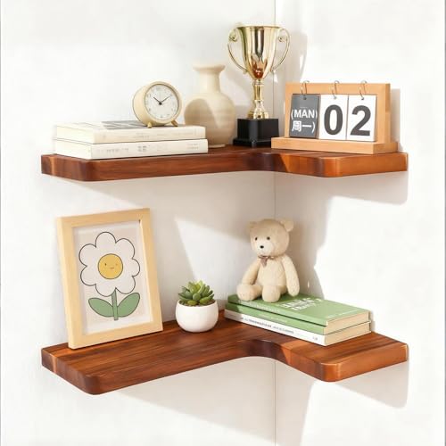 Floating Corner Shelves, Wall Shelf Set of 2, Shelves for Wall Storage, Solid Wood Shelves for Storage, Wall Mount Wooden Display Shelf for Bathroom Bedroom Kitchen Garage (Acacia 2pcs) - color: Acacia 2 Pcs
