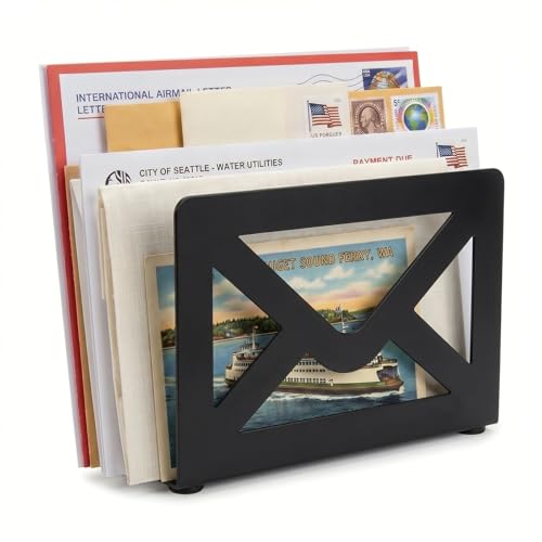 MyGift Black Metal Desktop Mail Holder with Cutout Envelope Design Home and Office Desk Letter Organizer - color: Black