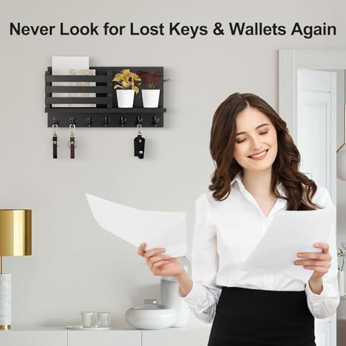 Lwenki Key Holder for Wall – Decorative Wooden Mail Holder and Key Shelf with Mounting Hardware, Installation Guide – Paulownia Wood with Metal Key Hooks (Black, Extra Large - 15.6inch) - color: Black, size: Extra Large - 15.6inch