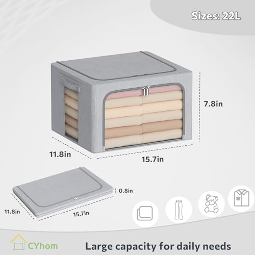 CYhom Clothes Storage Bins Box - Foldable Stackable Container Organizer Set with Clear Window & Carry Handles & Metal Frame - 2Pack Large Capacity for Bedding, Blankets, Books - color: Light Grey, size: Small-22L