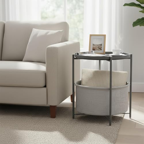 danpinera Round Side Table with Fabric Storage Basket, Metal Side Table Small Bedside Table Nightstand with Removable Tray Top for Living Room, Bedroom, Nursery, Laundry, Gray - color: Grey