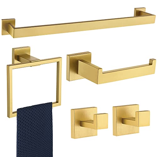 5 Pieces Bathroom Hardware Accessories Set Brushed Gold, 24Inch Bathroom Towel Rack Set SUS304 Stainless Steel, Square Bath Towel bar Set Wall Mounted, Heavy Duty - color: Brushed Gold, size: 24" 5pcs