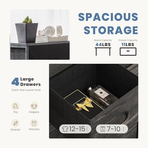 DUMOS Nightstand with 4 Drawers Bedside Table with Removable Fabric Bins Sturdy Steel Frame Wood Top Organizer Furniture for Bedroom Closet Living Room,Black Wood Grain - color: Black Wood Grain, size: 11.82"D x 17.71"W x 37.4"H (4 Drawers)