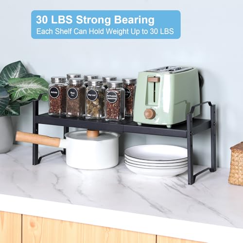 1 Pack Expandable Cabinet Countertop Shelves, Stackable Shelves Organizers for Kitchen Cabinet Countertop Storage, Adjustable Counter Cupboard Pantry Organizer Shelf Rack Stand, Length:25.5" - color: Black, size: 1 Pack: 15.5"-25.5"L
