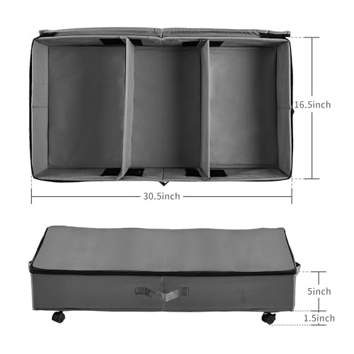 Frassie Under Bed Storage Containers with Wheels Under bed Shoe Storage Organizer Drawer with Metal Zipper (Grey)