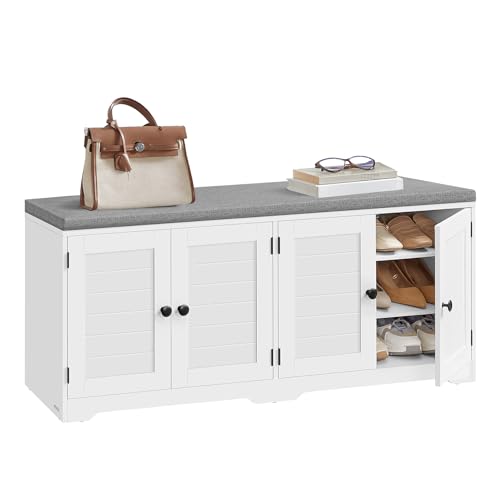 VASAGLE Shoe Storage Bench with Cushion, 3-Tier Entryway Bench with Padded Seat, Doors, Adjustable Shelves, 14 x 47.6 x 20.7 Inches, for Hallway, Bedroom, Cloud White and Dove Gray ULSB048WB01 - color: Cloud White + Dove Gray, size: 14"D x 47.6"W x 20.7"H