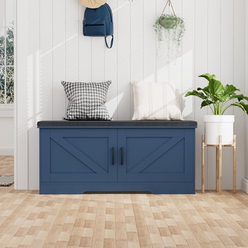 HOMSHO 2-Tier Storage Bench, 39.4" Wide Shoe Bench with Padded Seat Cushion, Entryway Bench with 2 Barn Doors and Adjustable Shelf, Blue - color: Blue, size: 39.4" Wide