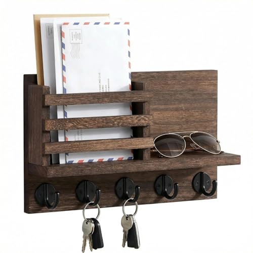 Wall Key and Mail Holder, Mail Organizer with 5 Metal Key Hooks, Selected Tung Wood, 11.8 x 6.7 inches, Includes mounting Hardware (Brown) - color: Brown