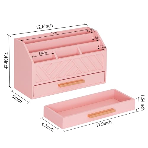 dreampossible Pink Wood Desk Organizer and Accessories with Drawer, Bill Mail Organizer and File Mail Holder for Office Supplies, Modern Desk Accessories & Workspace Organizers for Desk Organization - color: Pink A