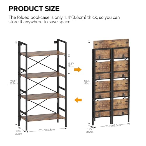 Homeiju Folding Bookshelf,4 Tier Bookcase Foldable Shelf with X-Bracket Design, Adjustable Feet, Space Saving Storage for Living Room, Office, Rustic Brown - color: Rustic Brown, size: 4 Tier