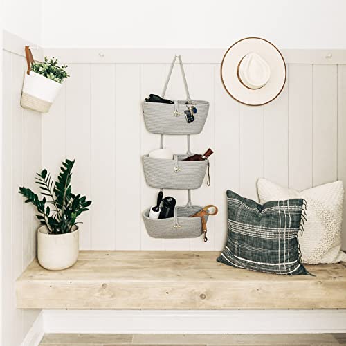 OrganiHaus Grey Wall Hanging Storage Basket | Behind Door Storage | Wall Storage Baskets Over Door | 3 Tier Hanging Basket | Woven Baskets Bathroom Organizer | Wall Hanging Baskets for Organizing - color: Full Light Gray