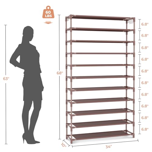 VILICK 11 Tiers Tall Wide Shoe Rack 55 Pairs Large Capacity Sturdy Durable Shoe Rack for Closet Metal Shoe Organizer Shelf with Two Hooks Space Saving for Entryway Brown - color: Brown