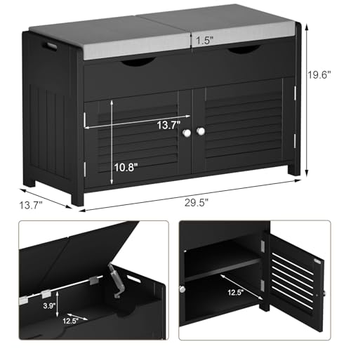 ChooChoo Shoe Storage Bench with Lift Top Storage, Entryway Bench with 2 Cushioned Seats, 3 Compartments, Adjustable Shelf, Shoe Cabinet for Entryway, Bedroom, Living Room, Black - color: Black, size: 13.78"D x 29.53"W x 19.69"H