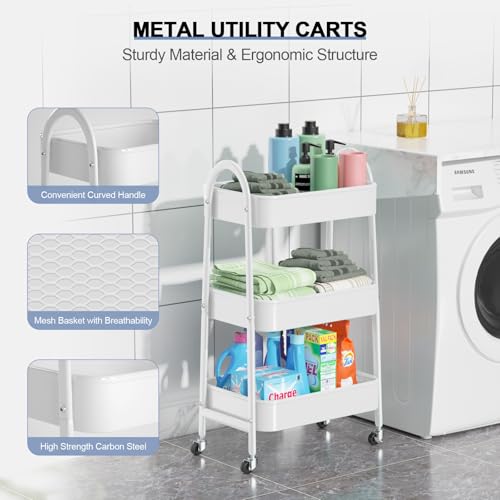 EAGMAK 3 Tier Utility Rolling Cart, Metal Storage Cart with Handle and Lockable Wheels, Multifunctional Storage Organizer Trolley with Mesh Baskets for Kitchen, Living Room, Office, Garage (White) - color: White, size: Normal