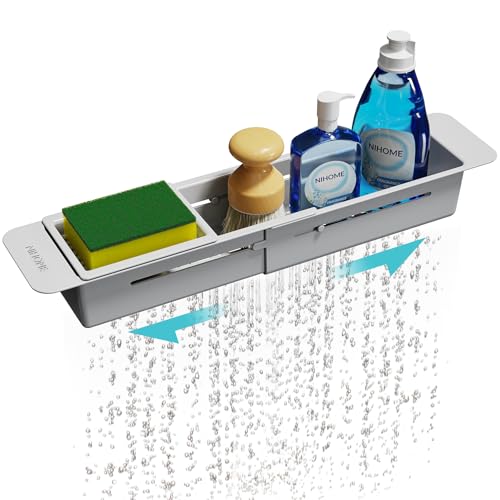 NiHome Extendable Over Sink Kitchen Organizer, Small Telescopic Brush Storage Rack for Sponge, Non-Slip Pads Expandable Sink Caddy, Adjustable Sponge/Brush Rack with Drainage Durable ABS (Gray) - color: Gray, size: Standard