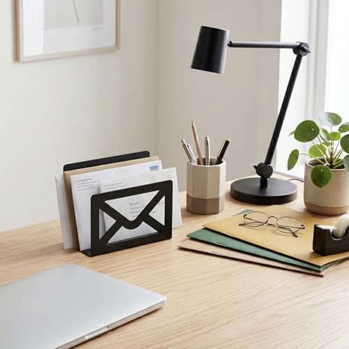MyGift Black Metal Desktop Mail Holder with Cutout Envelope Design Home and Office Desk Letter Organizer - color: Black