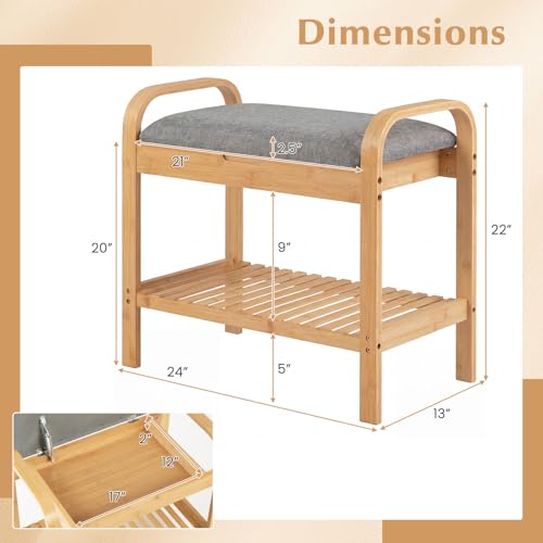 Giantex Small Entryway Bench with Storage, 2-Tier Bamboo Shoe Rack Bench with Flip Top Storage Space and Padded Cushion, Shoe Organizer for Entryway, Living Room, Hallway, Bedroom,Natural - size: 13"D x 24"W x 22"H（With Flip-Top Storage）