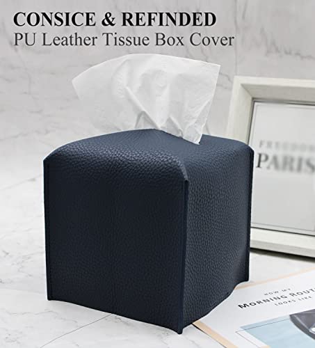 Livelab Tissue Box Cover, Square Decorative PU Leather Tissue Box Holder Modern Tissue Case Facial Paper Organizer Dispenser for Bathroom, Vanity Countertop, Night Stands, Desk 5X5X5'' | Navy Blue - color: Navy Blue
