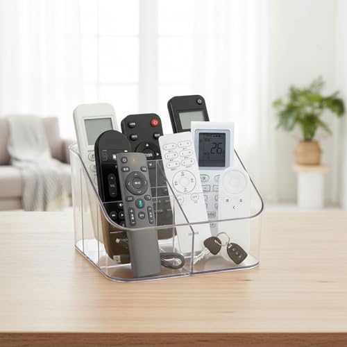 Remote Control Holder, Clear Plastic Remote Caddy for Desk and Nightstand Storage, Space-Saving Desk Organizer with See-Through Design for Living Room and Desk Accessories, 5 Compartments - size: 5 Slots