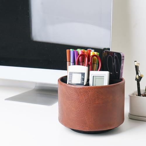 Hennaja Round Leather Art Supply Organizer,Remote Control Holder,360 Degree Spinning,Multi-Functional Pencil Holder,4 Compartments Desktop Stationary Organizer(1-Crazy Red) - color: 1-Crazy Red