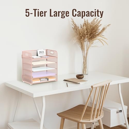 Supeasy 5 Trays Paper Organizer Letter Tray with Handle-Mesh Desk File Holders, Paper Sorter Desk Organizer for Office, Home, Classroom or School, Pink - color: Pink