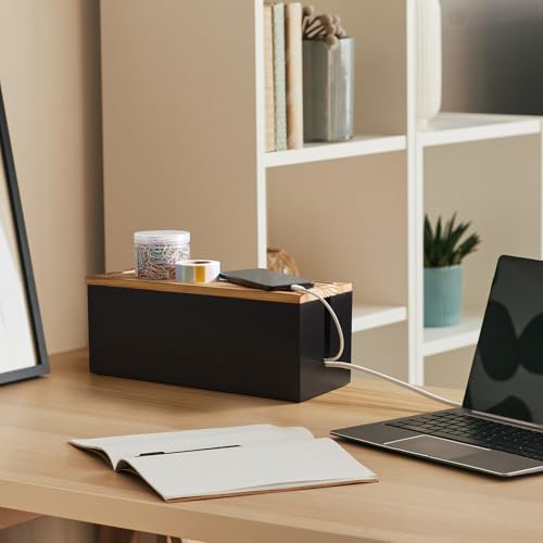 Large Wood Cable Management Box - Cable Organizer Box - 2 Open Slots Cords Hider Box - Under Desk Cord Organizer for Power Strip Extension Cord Surge Protector Charger Wire, Black - color: Black, size: Large