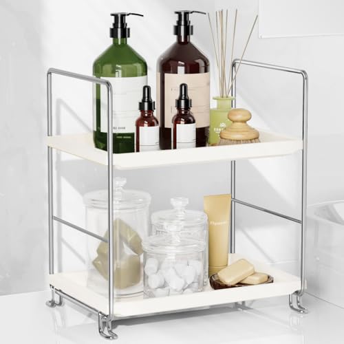FSyueyun 2-Tier Bathroom Countertop Organizer, Tool-Less Installation Premium Plastics Makeup Shelf Organizer Perfume Skincare for Dresser Vanity Tray Organizers and Storage (Sliver) - color: Silver