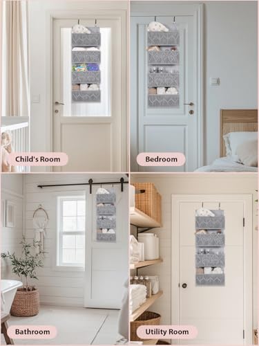 Macrame Over the Door Organizer Boho Decor Nursery Storage, Leaf Weaving Closet Storage, 4 Hanging Pockets, Behind Door for Bathroom, Bedroom,Grey - color: Grey