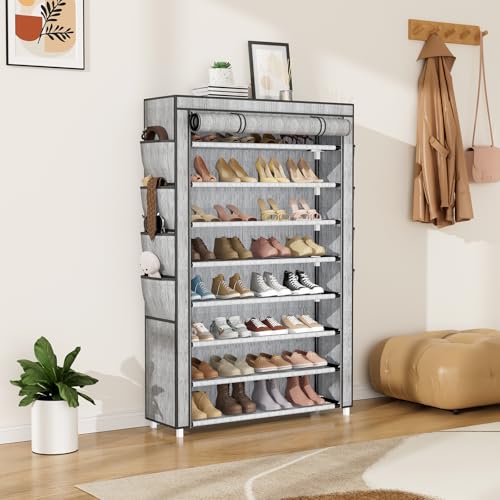 VILICK Shoe Rack with Cover, 8 Tier Tall Shoe Organizer Storage for 36-45 Pair Shoes and Boots Large Shoe Storage Shelf Free Standing Shoe Rack for Closet, Front Door Entrance, Dorm, Garage, Printing - color: Printing, size: 33.8"W-8 Tier