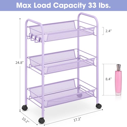 TOOLF 3-Tier Metal Rolling Cart, Mesh Wire Easy Assemble Utility Cart, Storage Trolley on Wheels with 3 Hooks, MetalStorage Shelving Units for Kitchen Bathroom Laundry Room - color: Purple, size: 3-Tier