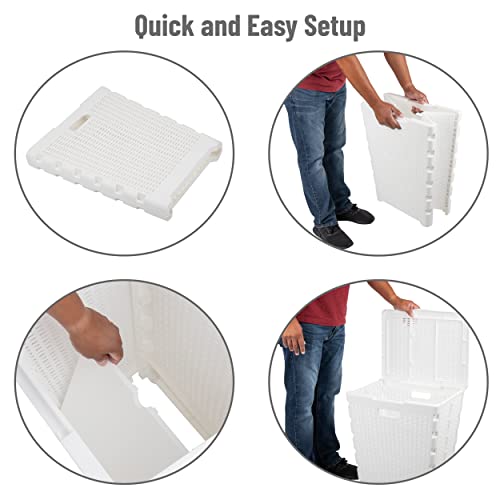 Mind Reader 61L Foldable Laundry Hamper, Clothes Basket, Lid, Wicker Design, Plastic, 18"L x 14.5"W x 21.25"H, White - color: White