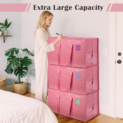 12 Pack Moving Bags with Full-Open Side Zipper, Extra Large 93L Heavy Duty Waterproof Foldable Storage Totes for College Dorm, Moving & Home Organization Pink - color: Pink, size: 12Pack