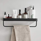 15.7 Inch Bathroom Tempered Glass Shelf with Towel Bar,Wall Mounted Aluminum Shower Organizer,Over Toilet Storage Cabinet,Matte Black,Kitchen Rectangular Vanity Rack - color: Matte Black