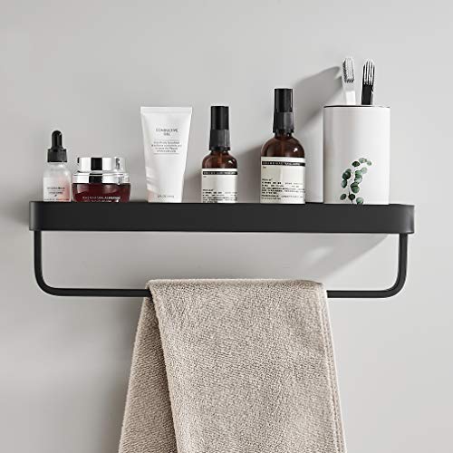 15.7 Inch Bathroom Tempered Glass Shelf with Towel Bar,Wall Mounted Aluminum Shower Organizer,Over Toilet Storage Cabinet,Matte Black,Kitchen Rectangular Vanity Rack - color: Matte Black