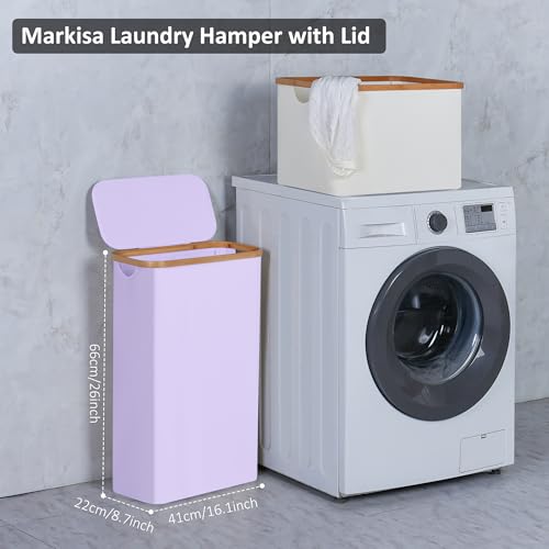 Slim Laundry Basket,60L Laundry Hamper with Lid, Tall Hamper for Laundry,Dirty Cloth Hamper with Bamboo Handle for Toys,Towels, Clothes Organizing,Purple - color: Purple, size: 60L Slim