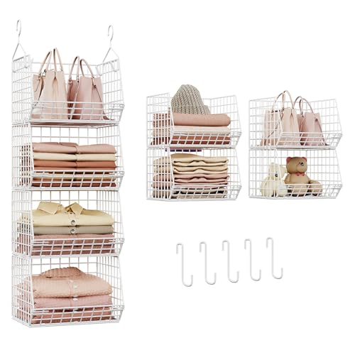 X-cosrack 4 Tier Closet Hanging Organizer, Foldable Closet Shelving with 2 Hanging Hooks 5 S Hooks, Wire Storage Basket for Wardrobe Laundry Room, for Clothing Sweaters Shoes Handbags Patent-White - color: White