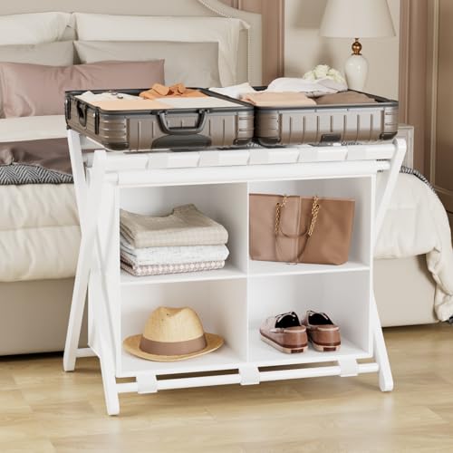 White Bamboo Luggage Rack with 4 Storage Compartments ，Foldable Suitcase Stand, Luggage Rack for Guest Room , 150lbs Capacity, Sturdy, - color: White 1 Pcs