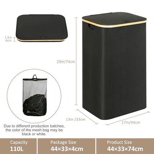 iEGrow Laundry Hamper with Lid, 110L Large Laundry Hamper with Handle and Lid, Collapsible Clothes Basket Organizer with Removable Inner Bag for Clothes Toys Towels - Black - color: Black, size: 110L