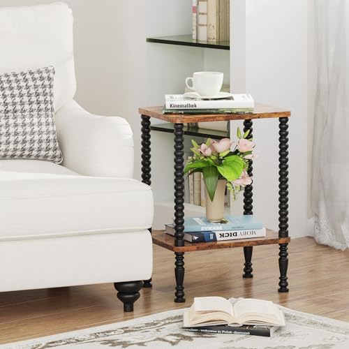 Side Table, 2-Tier Wood End Table, Vintage Bedside Nightstand with Open Storage Shelf for Living Room, Bedroom, Office, Rustic Brown - color: Rustic Brown, size: 2-Tier