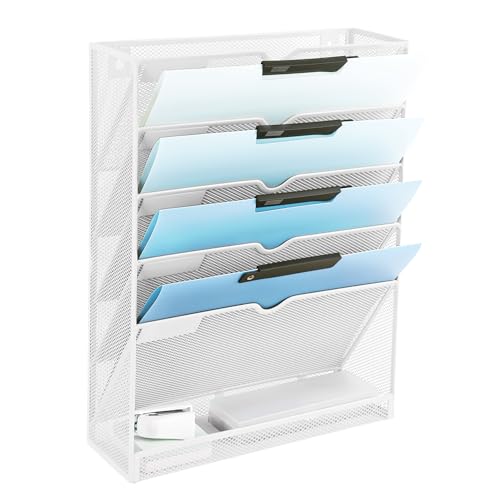 EASEPRES 6 Tier Mesh Hanging Wall File Organizer, Desk Vertical Mail Paper Document Folder Holder Rack with Bottom Tray and Nametag Label for Office Home School, White - color: White, size: 6 Tier