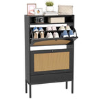YIKEHOME 23.5" Shoe Storage Cabinet with 2 Rattan Flip Drawers, Freestanding Slim Shoe Organizer with Built-in Recessed Power Strip for Entryway, Foyer, Hallway, Black