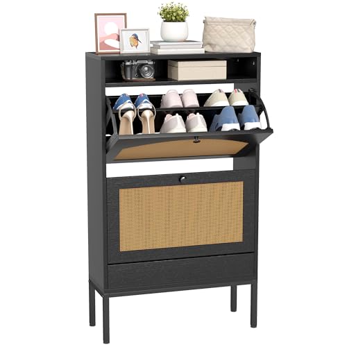 YIKEHOME 23.5" Shoe Storage Cabinet with 2 Rattan Flip Drawers, Freestanding Slim Shoe Organizer with Built-in Recessed Power Strip for Entryway, Foyer, Hallway, Black