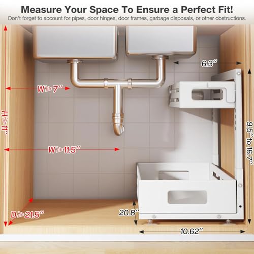2 Pack 21IN-Depth Under Sink Organizer,Pull Out Cabinet Organizer With Smooth Cylindrical Rail,Metal Slide Out Drawer for Kitchen Bathroom Laundry,8-Level Tool Free Height Adjustable-White - color: White, size: 2 Pack-21"Dx9.5"-16.7"H