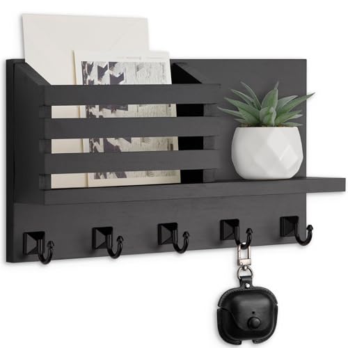 Key Holder Wall Mount, Mail Organizer for Wall with 5 Square Rustic Key Hooks Key Shelf Farmhouse Home Decor for Entryway - color: Black