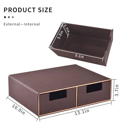 Linen Leather Desk Organizer and monitor stand with Drawers－Mini Desktop Drawer Organizer Stackable－Tabletop Organization Storage Box for Office Supplies Home Vanity Toiletries (Brown, 2-drawers) - color: Brown